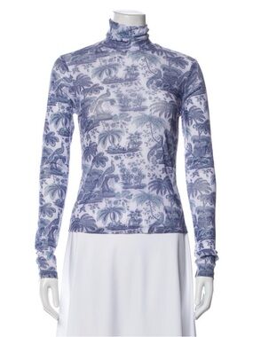 Blue Mesh Print Long-Sleeve Turtleneck Top